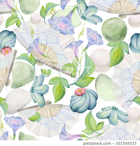 Watercolor seamless pattern with hand drawn traditional Japanese sweets. Wagashi, mochi, summer flowers. Isolated on white background. Invitations, restaurant menu, greeting cards, print, textile Watercolor seamless pattern with hand drawn traditional Japanese sweets. Wagashi, mochi, summer flowers. Isolated on white background. Invitations, restaurant menu, greeting cards, print, textile 101508335