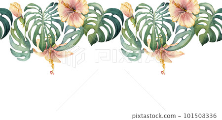 Hand drawn watercolor exotic monstera leaves and hibiscus. Seamless horizontal banner. Isolated on white background. Design for wall art, wedding, print, fabric, cover, card, tourism, travel booklet. Hand drawn watercolor exotic monstera leaves and hibiscus. Seamless horizontal banner. Isolated on white background. Design for wall art, wedding, print, fabric, cover, card, tourism, travel booklet. 101508336