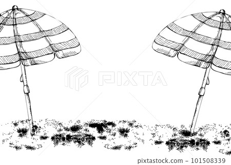 Hand drawn vector ink composition. Striped beach accessories, umbrellas on sand. Isolated on white background. Design wall art, wedding, print, fabric, cover, card, tourism, travel booklet. Hand drawn vector ink composition. Striped beach accessories, umbrellas on sand. Isolated on white background. Design wall art, wedding, print, fabric, cover, card, tourism, travel booklet. 101508339