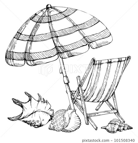 Hand drawn vector ink composition. Seascape with beach chair and umbrella, sea fish on sand. Isolated on white background. Design wall art, wedding, print, fabric, cover, card, tourism, travel booklet Hand drawn vector ink composition. Seascape with beach chair and umbrella, sea fish on sand. Isolated on white background. Design wall art, wedding, print, fabric, cover, card, tourism, travel booklet 101508340