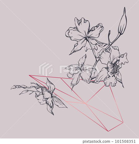 Hand drawn vector ink orchid flowers and branches, monochrome, detailed outline. Composition with crystal form. Viva magenta color. Design for wall art, wedding, print, tattoo, cover, card. 101508351