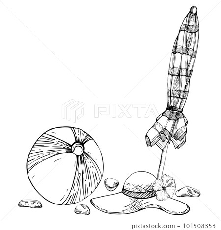 Hand drawn vector ink composition Seascape with beach accessories, umbrella hat striped ball Isolated on white background Design wall art, wedding, print, fabric, cover, card, tourism, travel booklet. Hand drawn vector ink composition Seascape with beach accessories, umbrella hat striped ball Isolated on white background Design wall art, wedding, print, fabric, cover, card, tourism, travel booklet. 101508353