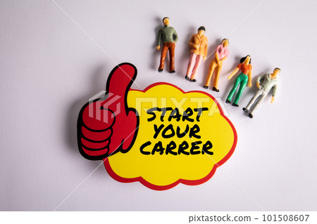 START YOUR CARRER. Abstract speech bubble with text and miniature human figures on a white 101508607