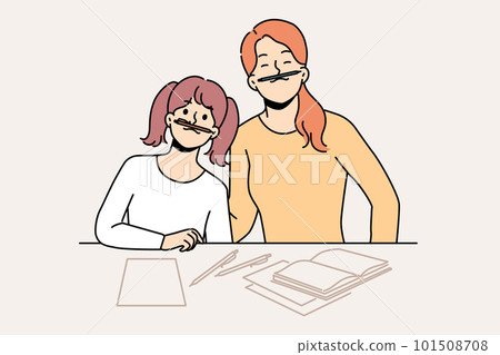 Smiling mother and daughter have fun doing homework  101508708