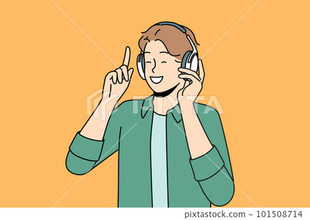 Smiling man in headphones listen to music  101508714