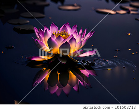 Purple lotus blossoms on dark pond, have yellow pollen in center, waterlily with reflection in pond 101508718