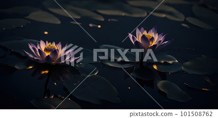 Two amazing flowering purple lotus or waterlily on dark water surface at lotus pond. Space for text 101508762