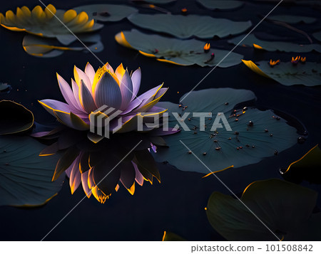 Purple waterlily blooming on dark pond, have yellow pollen in center with reflection in pond Purple waterlily blooming on dark pond, have yellow pollen in center with reflection in pond 101508842