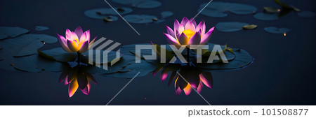 Purple lotuses blossoms on pond, have yellow pollen in center, waterlily with reflection in pond Purple lotuses blossoms on pond, have yellow pollen in center, waterlily with reflection in pond 101508877