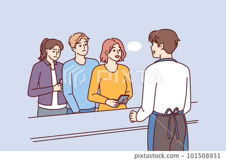 Leisurely woman talking to cashier ignoring queue of customers in cafe or grocery store Leisurely woman talking to cashier ignoring queue of customers in cafe or grocery store 101508931