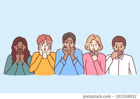 Frightened diverse people open mouths touch faces and experience shock and panic Frightened diverse people open mouths touch faces and experience shock and panic 101508932