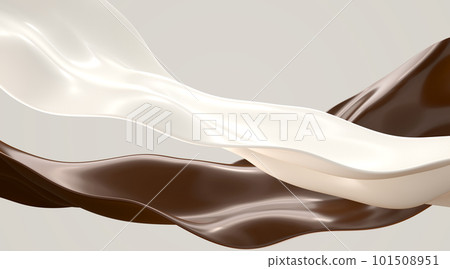 Chocolate and milk splashes, liquid cocoa and cream flow, coffee, yogurt or dairy drink product, flying white and brown ribbons or waves in motion on abstract background, pattern. 3D illustration Chocolate and milk splashes, liquid cocoa and cream flow, coffee, yogurt or dairy drink product, flying white and brown ribbons or waves in motion on abstract background, pattern. 3D illustration 101508951