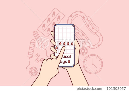 Menstruation cycle calendar in phone in hands near pads and tampons or feminine hygiene products Menstruation cycle calendar in phone in hands near pads and tampons or feminine hygiene products 101508957