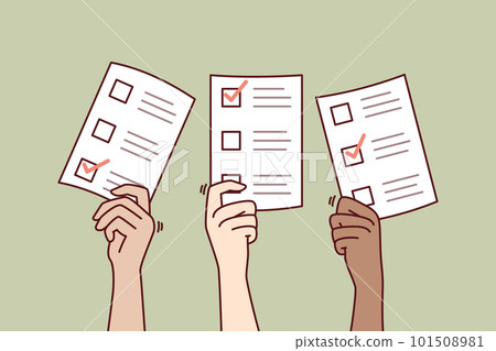 Hands with vote ballot papers during democratic elections among political parties Hands with vote ballot papers during democratic elections among political parties 101508981