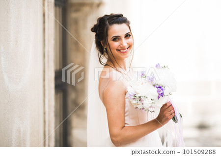 Beautiful fashion bride in wedding dress posing 101509288