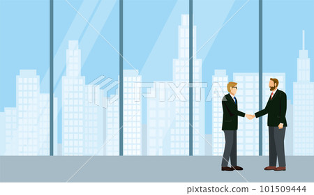 Illustration of the image of a business negotiation. Businessmen shaking hands in a huge office Illustration of the image of a business negotiation. Businessmen shaking hands in a huge office 101509444