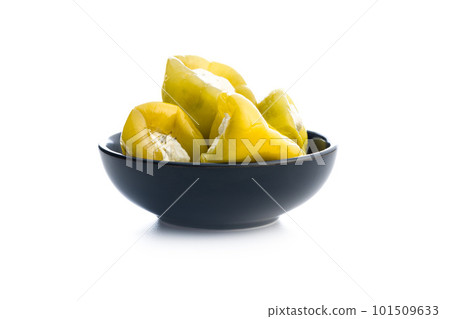 Peppers stuffed with cream cheese in bowl isolated on white background. Peppers stuffed with cream cheese in bowl isolated on white background. 101509633