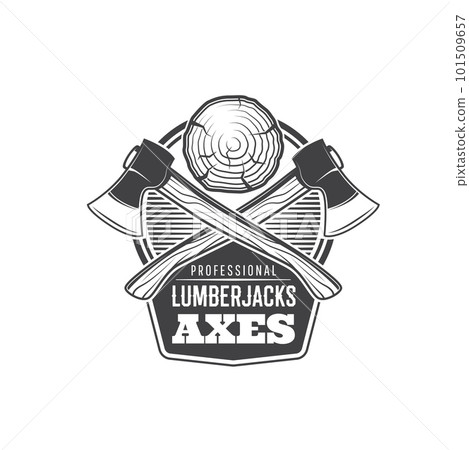 Crossed lumberjack axes icon. Forestry, logging and woodworking industry monochrome emblem, carpenter, lumberman or professional lumberjack tools shop vector symbol with crossed axes and wooden log Crossed lumberjack axes icon. Forestry, logging and woodworking industry monochrome emblem, carpenter, lumberman or professional lumberjack tools shop vector symbol with crossed axes and wooden log 101509657