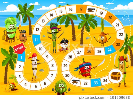 Board step game, cartoon vegetable pirates and corsairs characters on island, vector puzzle. Dice race step game or start finish quiz with artichoke pirate, olive corsair and Caribbean captain onion Board step game, cartoon vegetable pirates and corsairs characters on island, vector puzzle. Dice race step game or start finish quiz with artichoke pirate, olive corsair and Caribbean captain onion 101509688