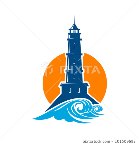 Lighthouse beacon icon, sea light house or nautical tower in ocean waves, vector marine symbol. Lighthouse icon for beach coast or port symbol, bay harbour or resort and travel company emblem 101509692