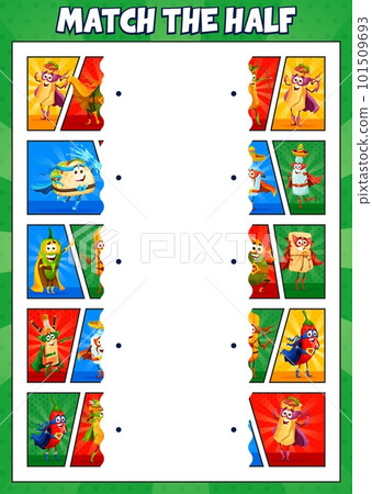 Match the half of superhero cartoon mexican tex mex food characters. Vector game worksheet with burrito, avocado, tequila and taco with jalapeno pepper, churros and enchilada superhero personages 101509693