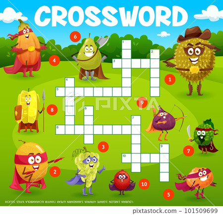 Crossword grid cartoon fruits superhero characters. Quiz game with vector funny durian, melon, grape, papaya and mandarin. Pear, kaffir or carambola, figs and lichi fairytale personages on green lawn Crossword grid cartoon fruits superhero characters. Quiz game with vector funny durian, melon, grape, papaya and mandarin. Pear, kaffir or carambola, figs and lichi fairytale personages on green lawn 101509699