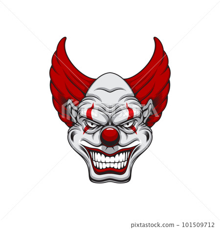 Scary clown face, cartoon creepy isolated vector Halloween character with red hair, lips and marks on eyes. Aggressive antihero personage with bared teeth and thin pupils Joker monster, evil funnyman 101509712