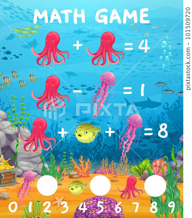 Math game worksheet cartoon sea animals and fish. Vector arithmetic riddle for children education and learning with octopus, puffer fish and jellyfish in sea. Task for kids with underwater characters Math game worksheet cartoon sea animals and fish. Vector arithmetic riddle for children education and learning with octopus, puffer fish and jellyfish in sea. Task for kids with underwater characters 101509720