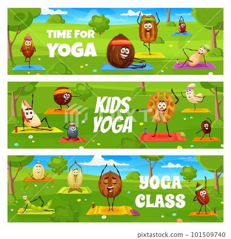 Kids yoga and fitness class, cartoon nuts characters on yoga. Vector banners with almond, coconut, pekan and peanut, kidney bean, brazil or macadamia. Sunflower or pumpkin seeds, cashew and walnut Kids yoga and fitness class, cartoon nuts characters on yoga. Vector banners with almond, coconut, pekan and peanut, kidney bean, brazil or macadamia. Sunflower or pumpkin seeds, cashew and walnut 101509740