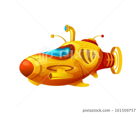 Cartoon yellow submarine, underwater bathyscaphe with periscope and propeller, vector water boat. Funny retro or fantastic undersea submarine with portholes for sailing adventure game or kids toy Cartoon yellow submarine, underwater bathyscaphe with periscope and propeller, vector water boat. Funny retro or fantastic undersea submarine with portholes for sailing adventure game or kids toy 101509757