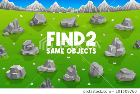 Find two same grey rock stones on mountains landscape, vector game worksheet. Kids quiz puzzle to search, compare and find same objects on picture with stone rocks and pebbles for riddle game 101509760