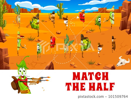 Match half of cartoon cowboy and bandit vegetable characters, vector game puzzle worksheet. Wild West potato cowboy, pepper sheriff and kohlrabi Indian with cabbage ranger to find correct pieces 101509764