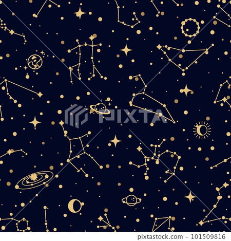Constellation pattern, vector seamless background with zodiac star clusters, planets and satellites in black sky. Groups of stars in section of celestial sphere. Cosmic bodies in boundless space Constellation pattern, vector seamless background with zodiac star clusters, planets and satellites in black sky. Groups of stars in section of celestial sphere. Cosmic bodies in boundless space 101509816