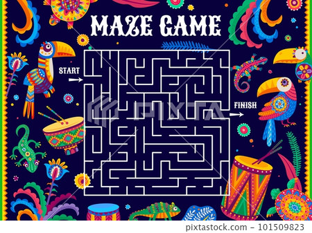Labyrinth maze. Help to toucan find his couple. Find way kids quiz, search path vector riddle or labyrinth puzzle vector worksheet with jungle toucan exotic birds, chameleon lizard and flowers 101509823