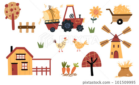 Farm set. Rural houses, windmill, tractor with hay, chickens, trees and crops. Agriculture collection, rural elements. Vector cartoon illustration isolated on the white background. Farm set. Rural houses, windmill, tractor with hay, chickens, trees and crops. Agriculture collection, rural elements. Vector cartoon illustration isolated on the white background. 101509995