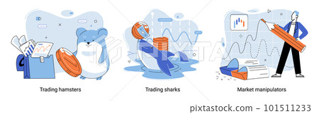 Stock market manipulation. Characters analyzing stock market data to control financial graphic chart 101511233