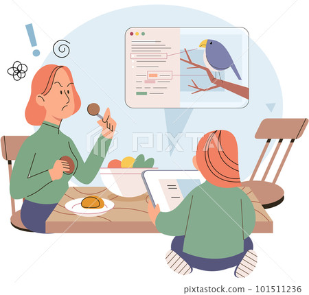 Little girl using tablet, child watching smartphone while eating at kitchen, internet addiction 101511236
