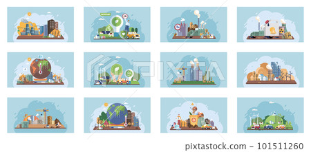 Global warming set. Climate change. Earth day. Eco activist. Ecological catastrophy. Earth with reasons of destroying 101511260