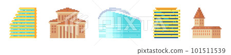 Pixel houses for game icons. City buildings, skyscrapers isolated abstract pixel art architecture Pixel houses for game icons. City buildings, skyscrapers isolated abstract pixel art architecture 101511539