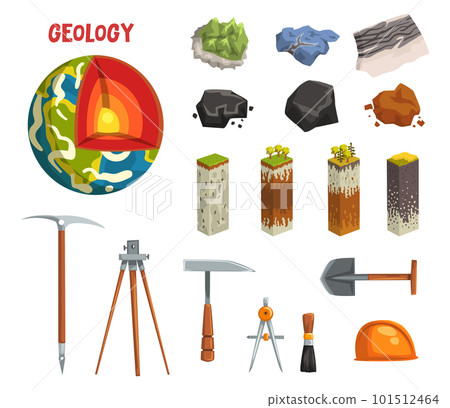 Geology and Earth Exploration with Globe Structure Soil Layers and Scientific Geological Tools Vector Set Geology and Earth Exploration with Globe Structure Soil Layers and Scientific Geological Tools Vector Set 101512464