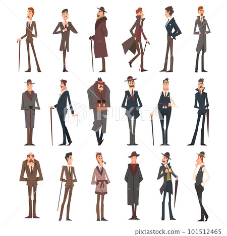 Victorian Gentleman in Elegant Suit with Respectful Manner Standing Big Vector Set Victorian Gentleman in Elegant Suit with Respectful Manner Standing Big Vector Set 101512465