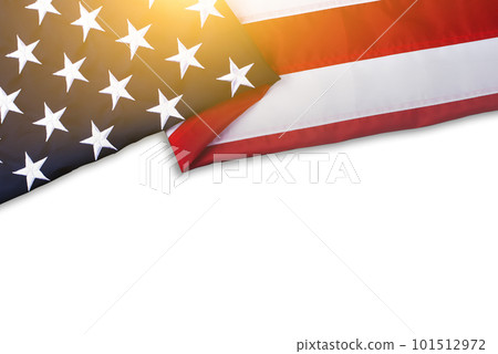 Patriotic US flag flat lay background on white with copyspace Patriotic US flag flat lay background on white with copyspace 101512972