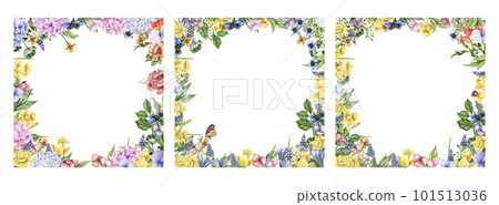 Watercolor hand drawn spring garden full of flowers square frame set. Watercolor illustration for scrapbooking.Cartoon hand drawn background with flower for kids design.Perfect for wedding invitation. Watercolor hand drawn spring garden full of flowers square frame set. Watercolor illustration for scrapbooking.Cartoon hand drawn background with flower for kids design.Perfect for wedding invitation. 101513036