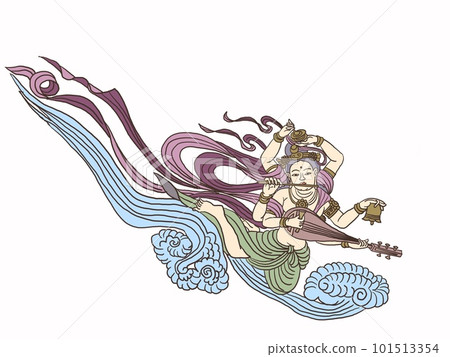 A celestial maiden blowing a flute while dancing in the sky 101513354