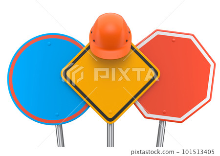 Set of safety helmet or hard hat on road traffic signs on pole on white. Set of safety helmet or hard hat on road traffic signs on pole on white. 101513405