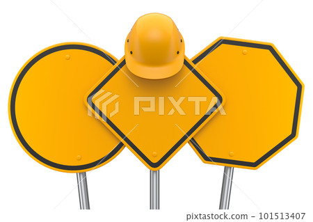 Set of safety helmet or hard hat on road traffic signs on pole on white. Set of safety helmet or hard hat on road traffic signs on pole on white. 101513407