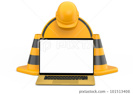 Set of safety helmet or hard hat, road traffic cones and sign near laptop Set of safety helmet or hard hat, road traffic cones and sign near laptop 101513408