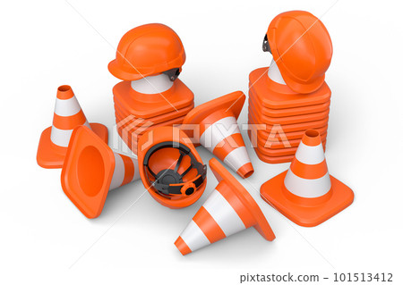 Set of safety helmets or hard hats and traffic cones, road sign on white Set of safety helmets or hard hats and traffic cones, road sign on white 101513412