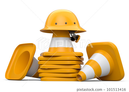Stack of safety helmets or hard hats and traffic cones on white background Stack of safety helmets or hard hats and traffic cones on white background 101513416