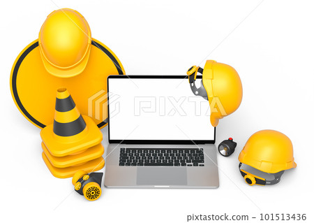 Set of safety helmets or hard hats and traffic cones, road sign on white Set of safety helmets or hard hats and traffic cones, road sign on white 101513436
